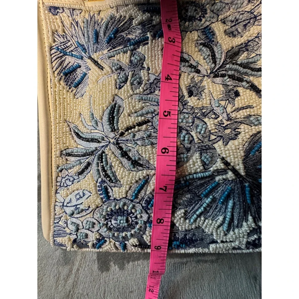 From India to You Beaded Floral Bamboo Handle Tote Bag Blue Cream NEW